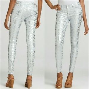7 For All Mankind Silver Metallic Print On White Women's Jeans